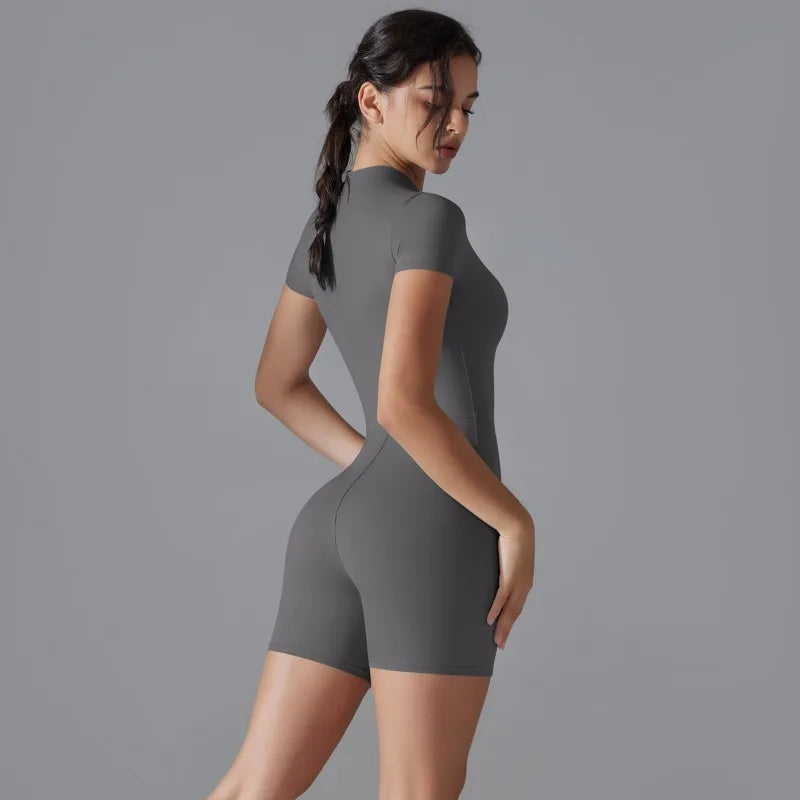 Summer Zipper Workout Jumpsuit Sports Overalls Women Gym Clothing Running Fitness Suits Gym Tracksuit Short Sportswear Yoga Set