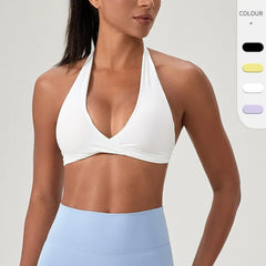 Women's Strappy Open Back Halter Sports Bra - Seamless Yoga Crop Top