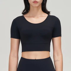 women's nylon gym crop top with removable chest pads, breathable and elastic yoga sport shirt in 6 colors.
