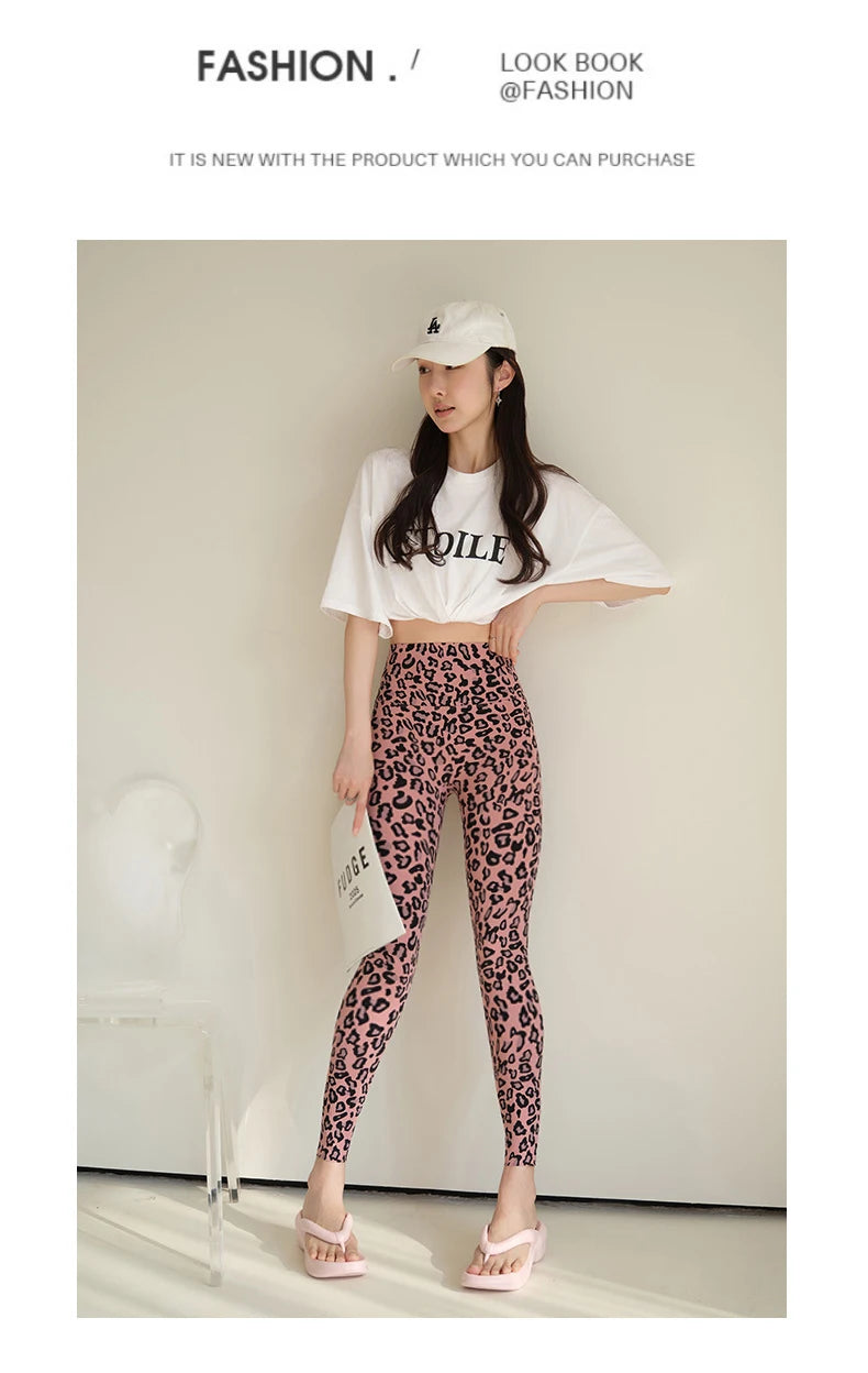 BIVIGAOS 2025 Spring Summer New Pink Leopard Print Sharkskin Leggings Women High Waist Seamless Tight Sexy Sport Fitness Legging