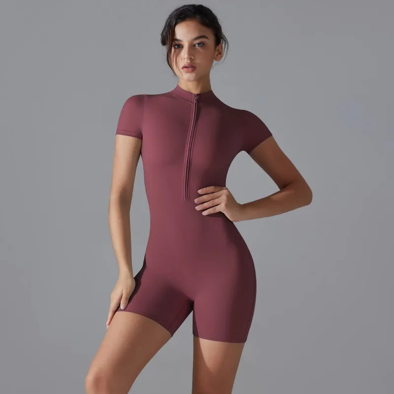 Summer Zipper Workout Jumpsuit Sports Overalls Women Gym Clothing Running Fitness Suits Gym Tracksuit Short Sportswear Yoga Set