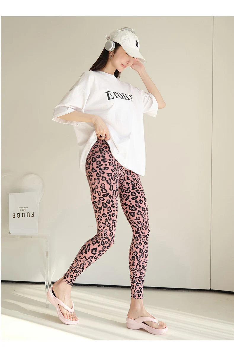 BIVIGAOS 2025 Spring Summer New Pink Leopard Print Sharkskin Leggings Women High Waist Seamless Tight Sexy Sport Fitness Legging