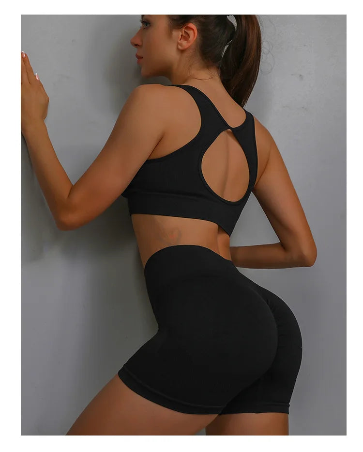 2 Pcs Yoga Set Women Hollow Back Sports Bra+Hip Lifting Sports Shorts Workout Set Seamless Fitness Gym Set Sportswear Tracksuit