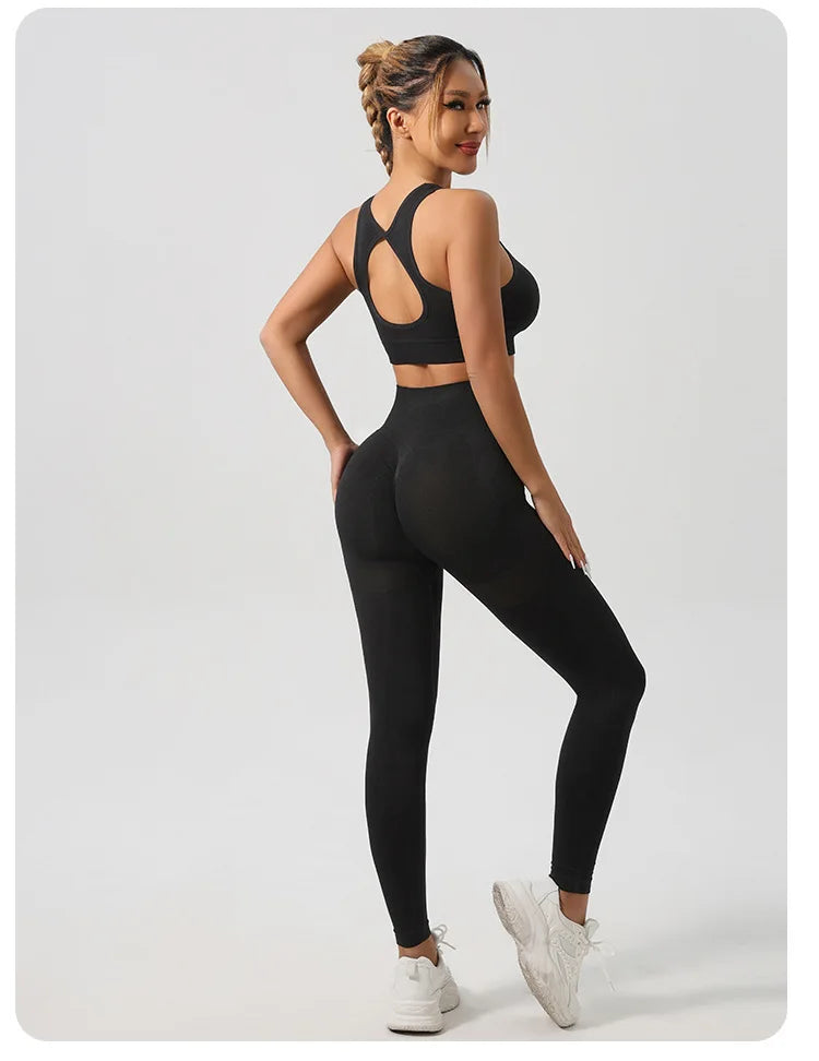 2 Pcs Yoga Set Women Hollow Back Sports Bra+Hip Lifting Sports Shorts Workout Set Seamless Fitness Gym Set Sportswear Tracksuit