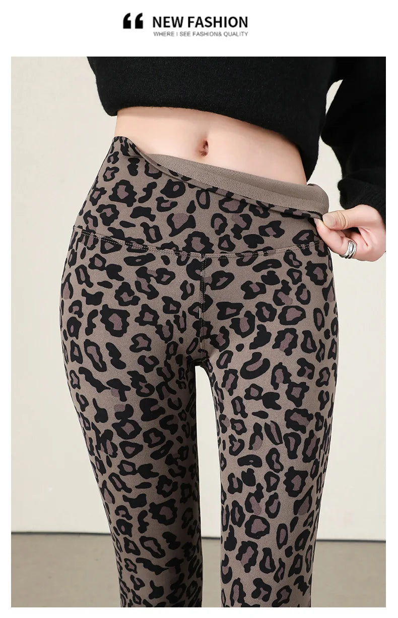 BIVIGAOS New Autumn Winter Thin Velvet Fashion Leopard Sharkskin Leggings Women High Waisted Sexy Slim Tight Warm Leggings