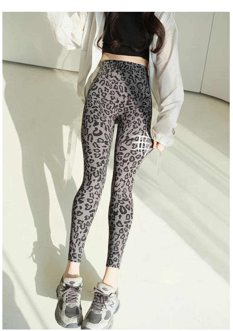 BIVIGAOS 2025 Spring Summer New Pink Leopard Print Sharkskin Leggings Women High Waist Seamless Tight Sexy Sport Fitness Legging