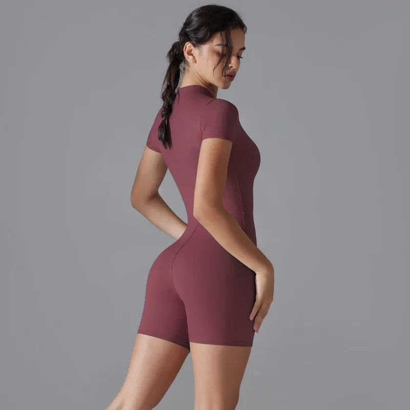 Summer Zipper Workout Jumpsuit Sports Overalls Women Gym Clothing Running Fitness Suits Gym Tracksuit Short Sportswear Yoga Set