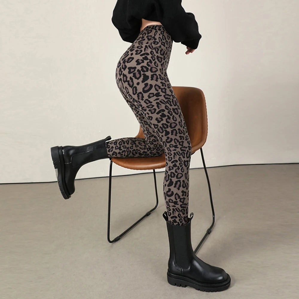 BIVIGAOS New Autumn Winter Thin Velvet Fashion Leopard Sharkskin Leggings Women High Waisted Sexy Slim Tight Warm Leggings