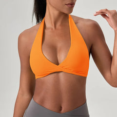 Women's Strappy Open Back Halter Sports Bra - Seamless Yoga Crop Top