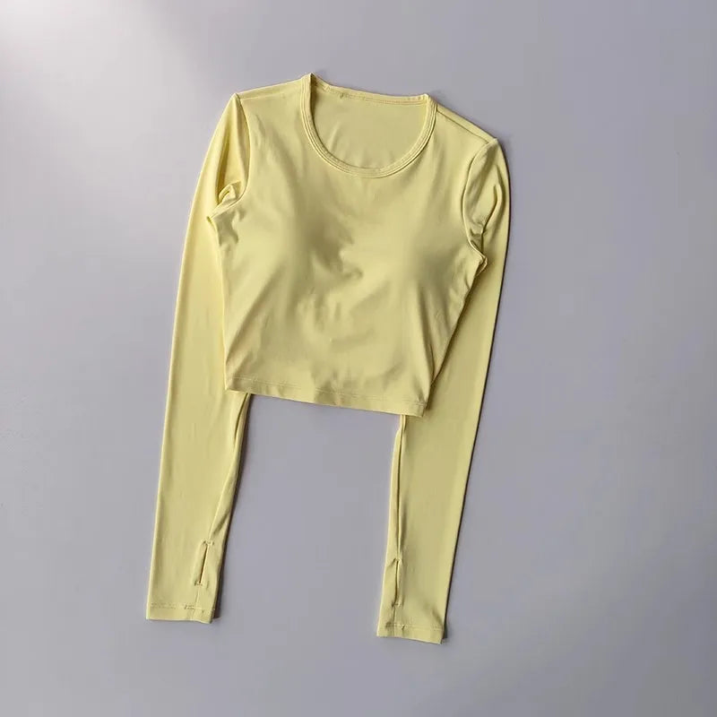 High-End Befit backless long-sleeve yoga top, quick-dry padded gym shirt for women.