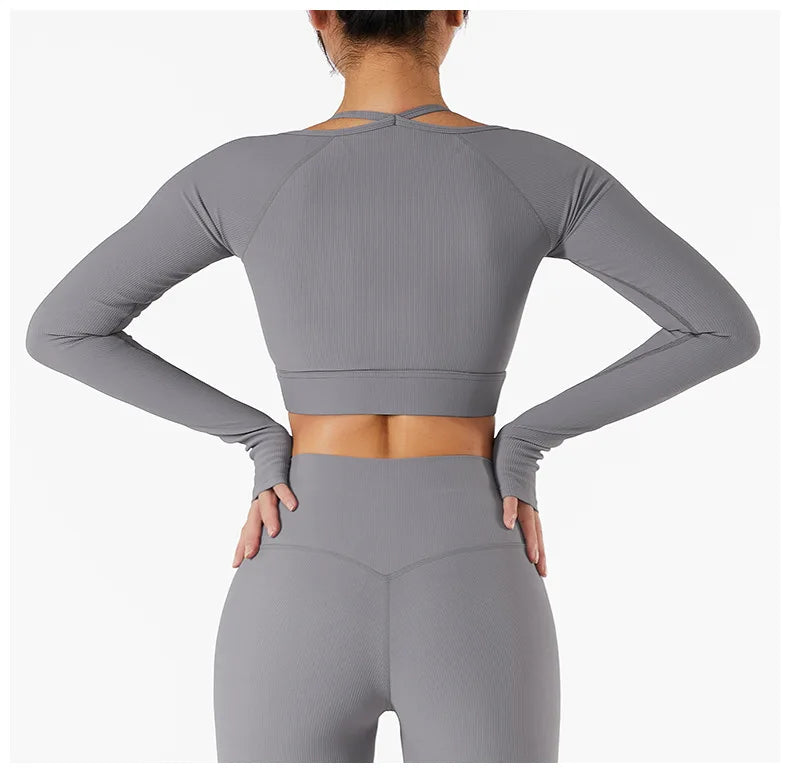 Ribbed halter long sleeve yoga top for women.