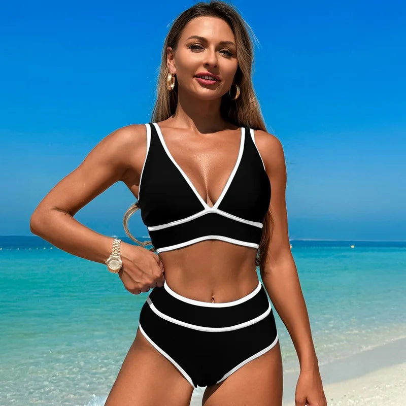 Women's V-Neck High-Waisted Bikini Set - 2-Piece Solid & Floral Print Swimsuit