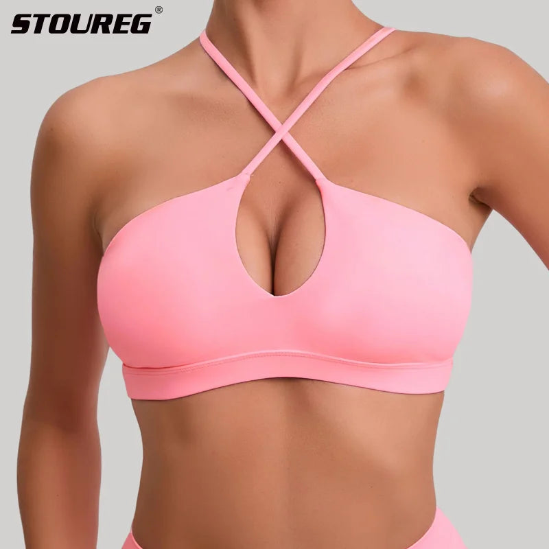 STOUREG cross back padded sports bra for women, breathable gym and yoga wear.
