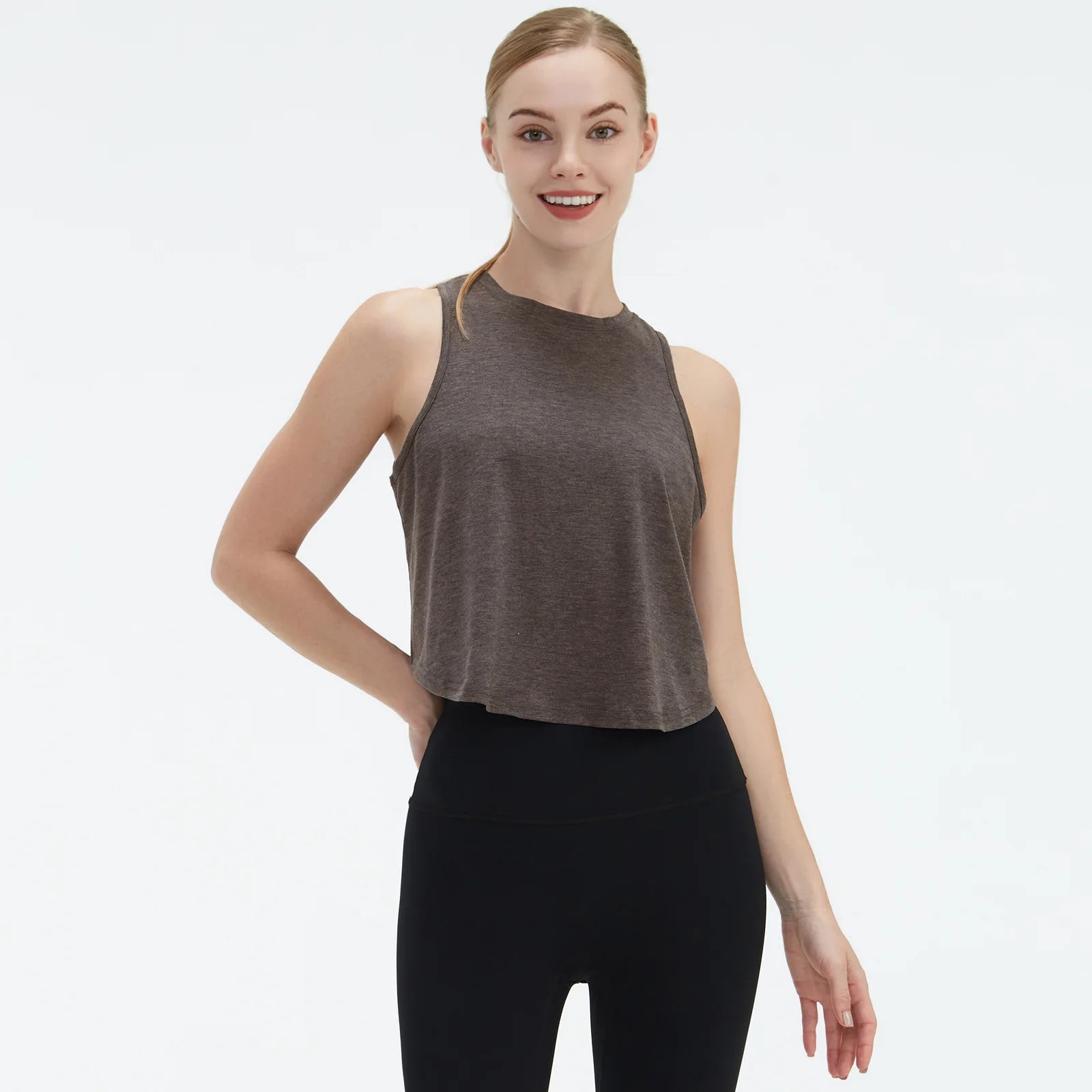  Sleeveless BeFit Yoga and Fitness Tank Top in [ dark grey]. Shows a comfortable, breathable fit perfect for studio stretching and running.