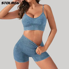 STOUREG Women 2 PCS Yoga Set,Seamless  Wash Beautiful Back Sports Bra High Waist Hip Lift Shorts Workout Set Gym Set Women