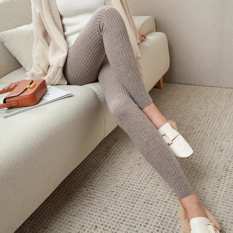 Women's 100% Merino Wool Striped Winter Leggings – Warm Knitted