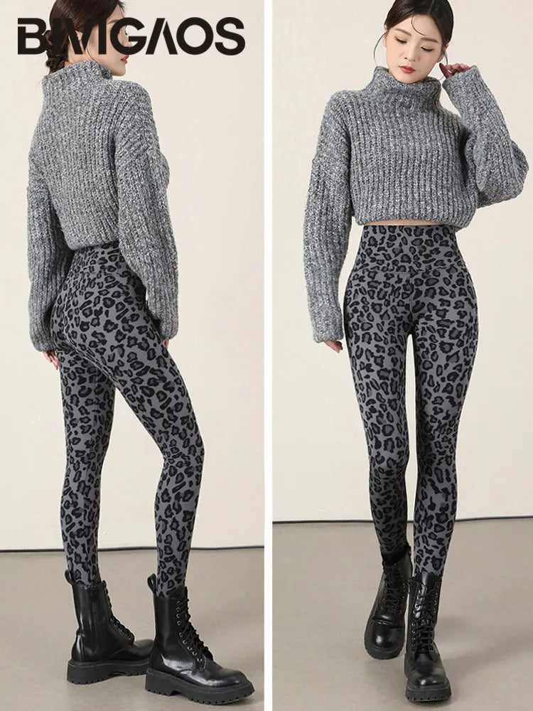 BIVIGAOS New Autumn Winter Thin Velvet Fashion Leopard Sharkskin Leggings Women High Waisted Sexy Slim Tight Warm Leggings
