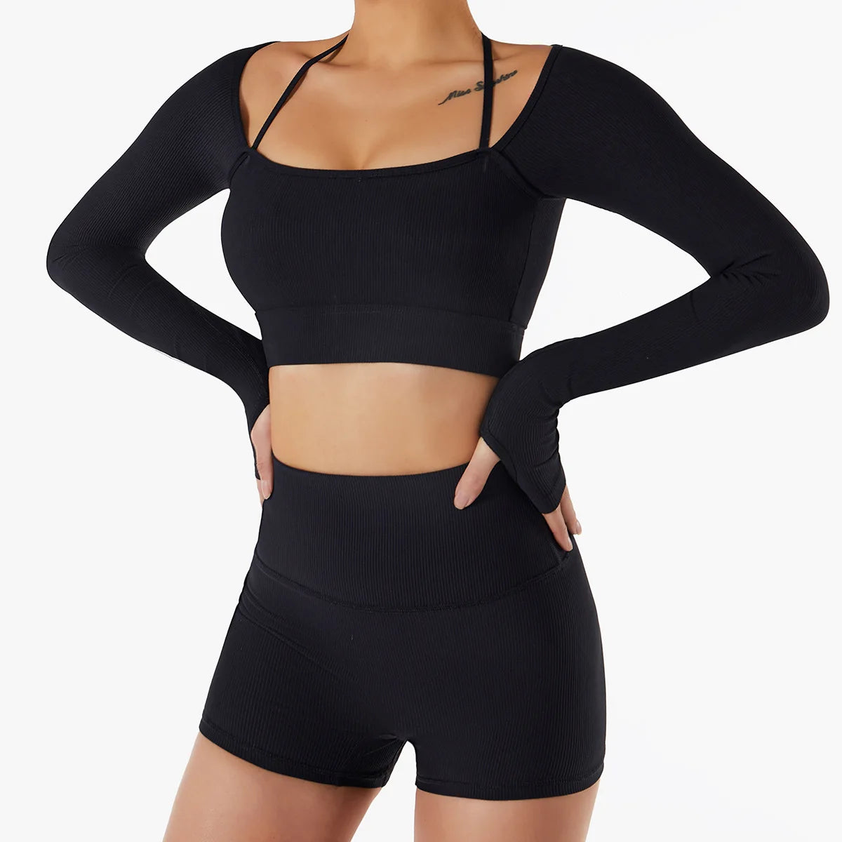 Ribbed halter long sleeve yoga top for women.
