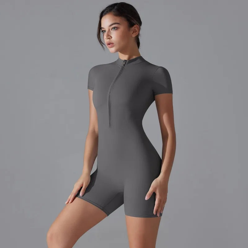 Summer Zipper Workout Jumpsuit Sports Overalls Women Gym Clothing Running Fitness Suits Gym Tracksuit Short Sportswear Yoga Set