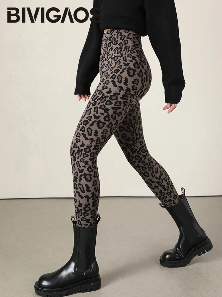 BIVIGAOS New Autumn Winter Thin Velvet Fashion Leopard Sharkskin Leggings Women High Waisted Sexy Slim Tight Warm Leggings