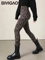 BIVIGAOS New Autumn Winter Thin Velvet Fashion Leopard Sharkskin Leggings Women High Waisted Sexy Slim Tight Warm Leggings