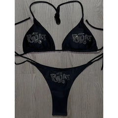 Women's Vintage Spliced Diamond Bikini Set - Sexy Triangle Lace-Up Micro Bikini