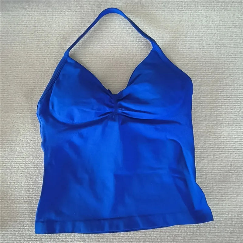 HBC women’s V-neck seamless padded gym tank top, strappy longline sports vest.