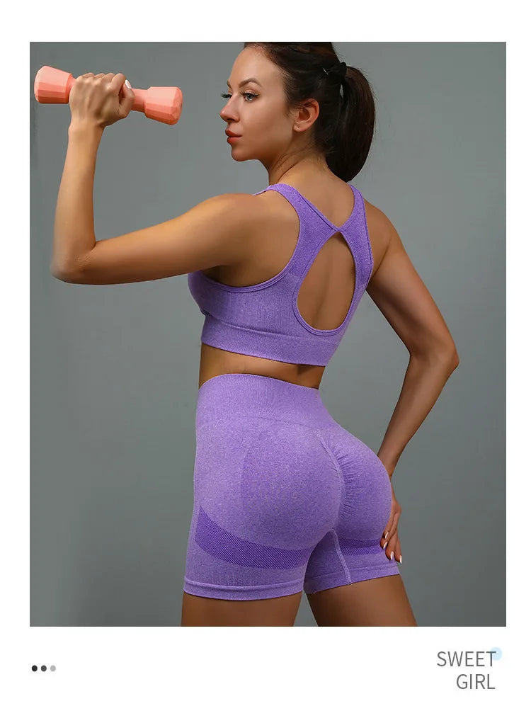 2 Pcs Yoga Set Women Hollow Back Sports Bra+Hip Lifting Sports Shorts Workout Set Seamless Fitness Gym Set Sportswear Tracksuit