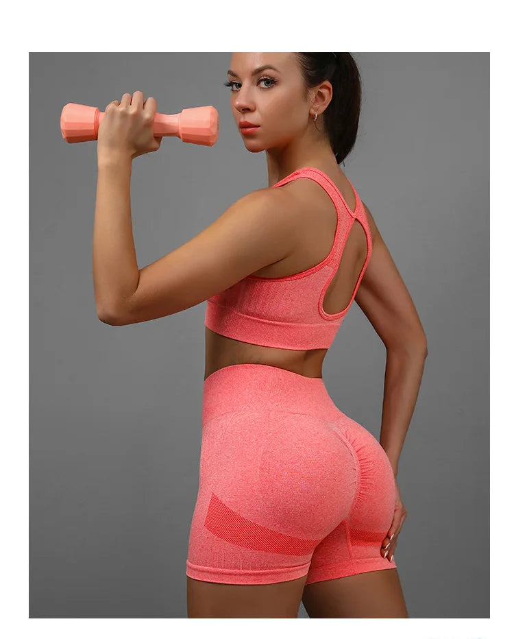 2 Pcs Yoga Set Women Hollow Back Sports Bra+Hip Lifting Sports Shorts Workout Set Seamless Fitness Gym Set Sportswear Tracksuit