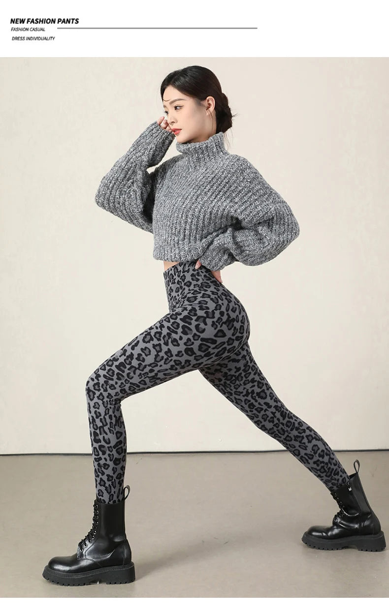 BIVIGAOS New Autumn Winter Thin Velvet Fashion Leopard Sharkskin Leggings Women High Waisted Sexy Slim Tight Warm Leggings