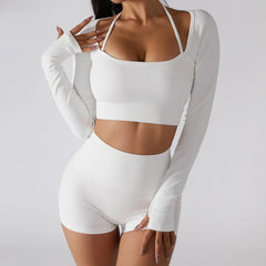 Ribbed halter long sleeve yoga top for women.
