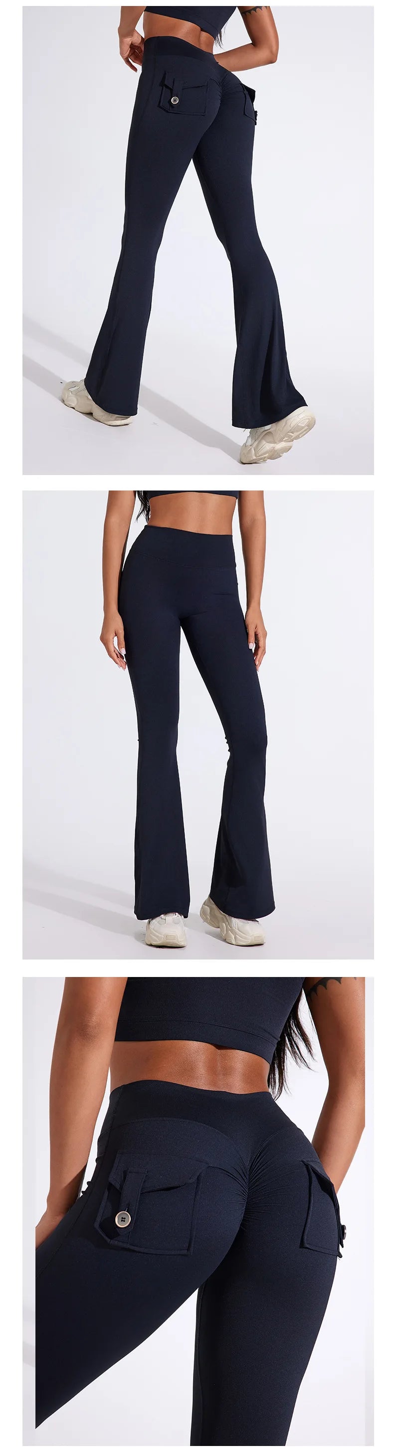QINACTIVE Fashion Back Pocket  Flared Pants Women Tight-Fit Sexy Slim High Waist Pants Push Up Sport Fitness Flare Leggings