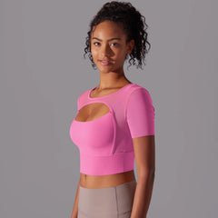 Women's Double Layer Yoga Tank Top - Spliced Mesh Short Sleeve Fitness Top