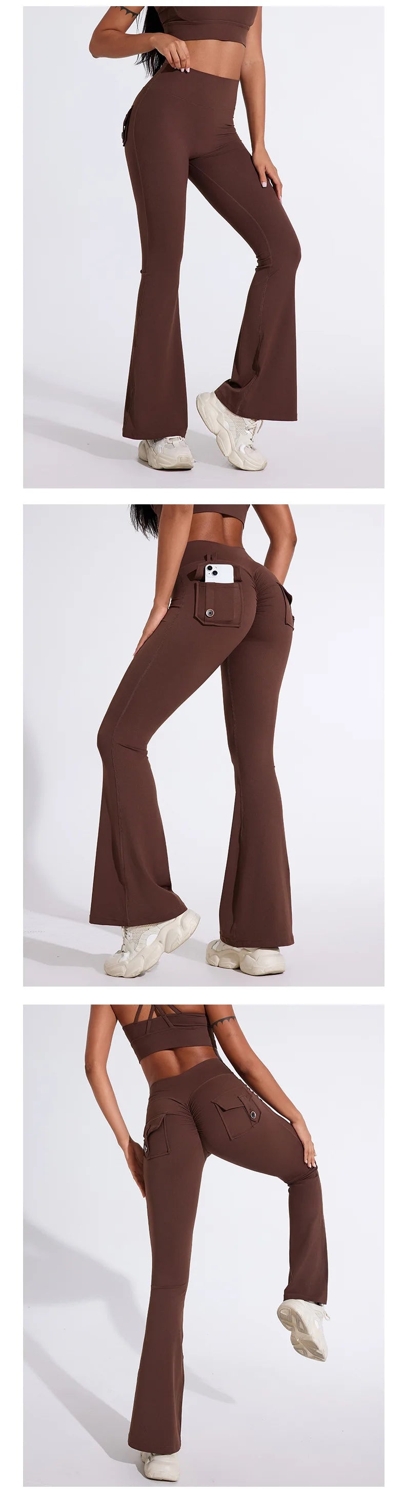 QINACTIVE Fashion Back Pocket  Flared Pants Women Tight-Fit Sexy Slim High Waist Pants Push Up Sport Fitness Flare Leggings