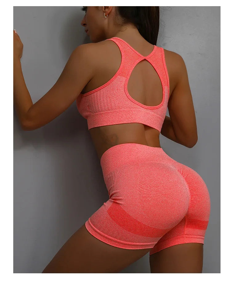 2 Pcs Yoga Set Women Hollow Back Sports Bra+Hip Lifting Sports Shorts Workout Set Seamless Fitness Gym Set Sportswear Tracksuit