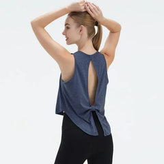  Sleeveless BeFit Yoga and Fitness Tank Top in [Blue]. Shows a comfortable, breathable fit perfect for studio stretching and running.