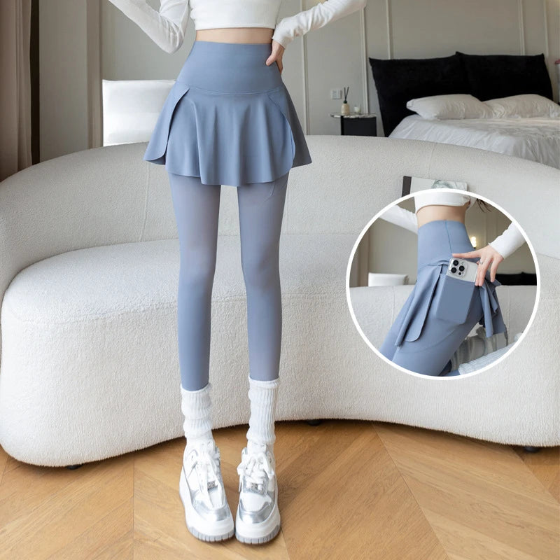 Women's Fake Two-Piece Seamless Leggings - High-Waist Hip-Lifting Yoga Pants
