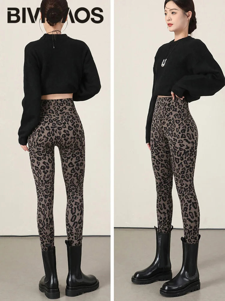 BIVIGAOS New Autumn Winter Thin Velvet Fashion Leopard Sharkskin Leggings Women High Waisted Sexy Slim Tight Warm Leggings
