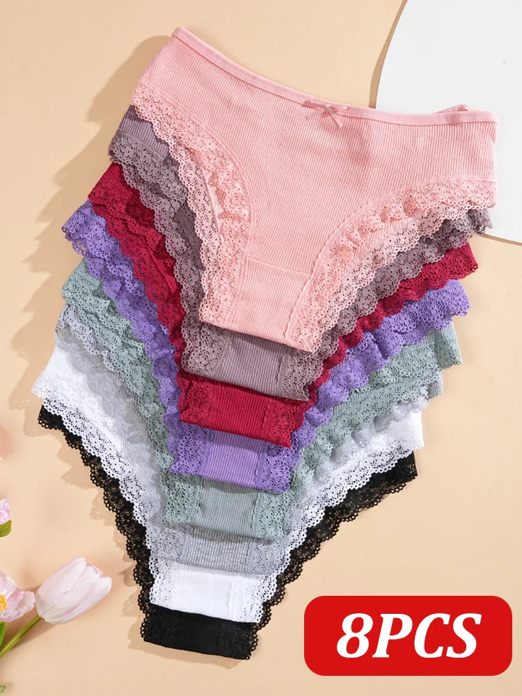 8-Piece Women's Cotton Lace Panties - Sexy Double Strap Bikini Underwear