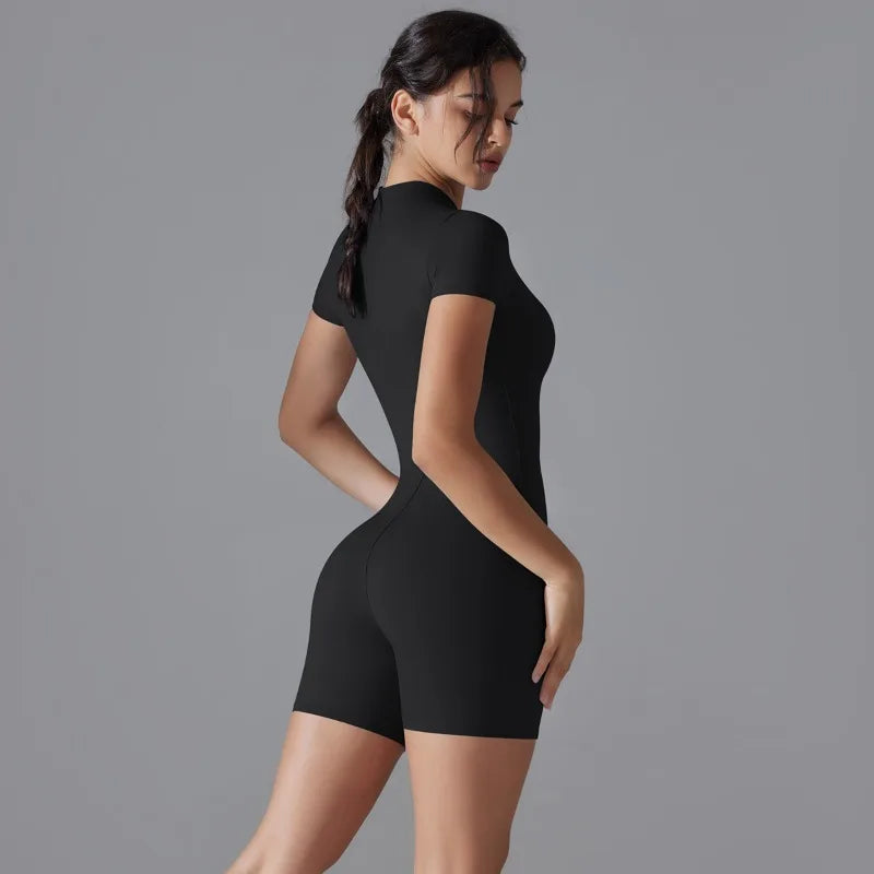 Summer Zipper Workout Jumpsuit Sports Overalls Women Gym Clothing Running Fitness Suits Gym Tracksuit Short Sportswear Yoga Set
