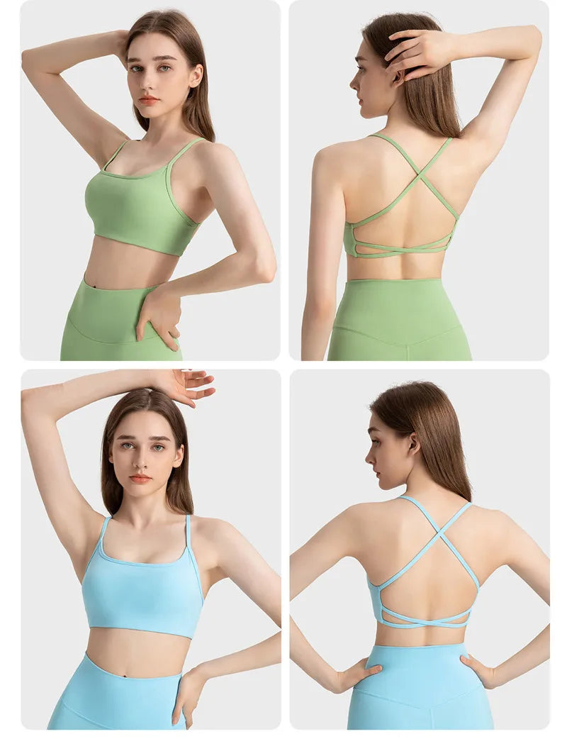 Stylish Cross Thin Straps Sports Bra Padded Gym Fitness Underwear For Women Beautiful Backless Workout Yoga Bra