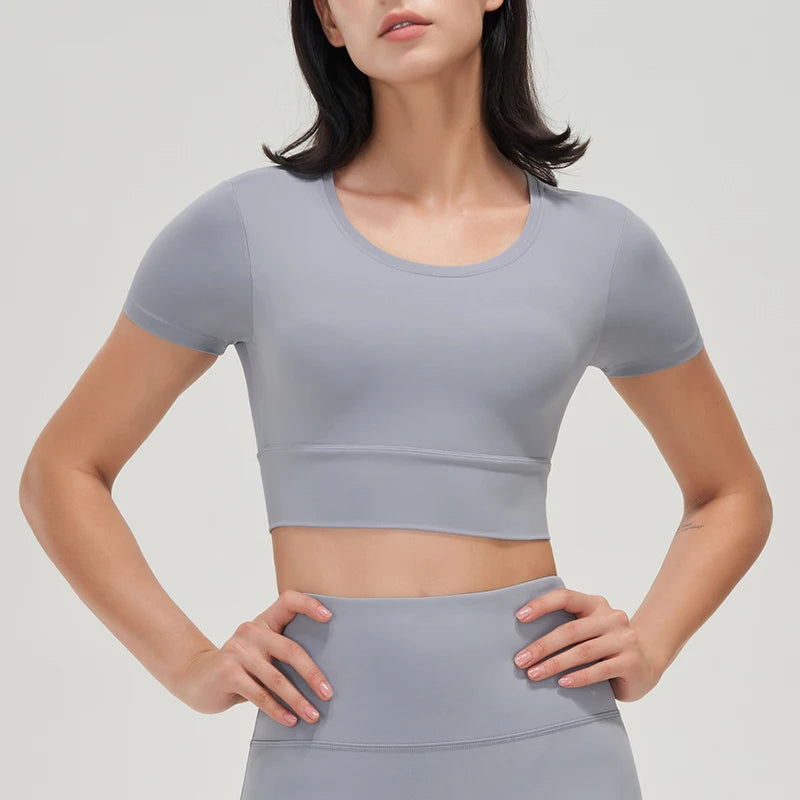 women's nylon gym crop top with removable chest pads, breathable and elastic yoga sport shirt in 6 colors.