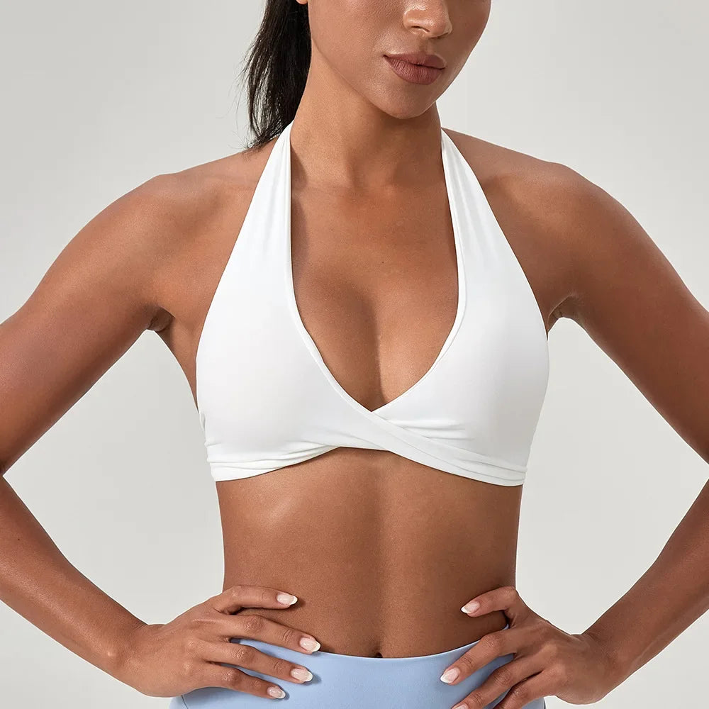 Women's Strappy Open Back Halter Sports Bra - Seamless Yoga Crop Top