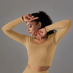 Women's Long Sleeve Yoga Shirt - Elastic Breathable Fitness Crop Top