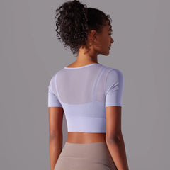 Women's Double Layer Yoga Tank Top - Spliced Mesh Short Sleeve Fitness Top