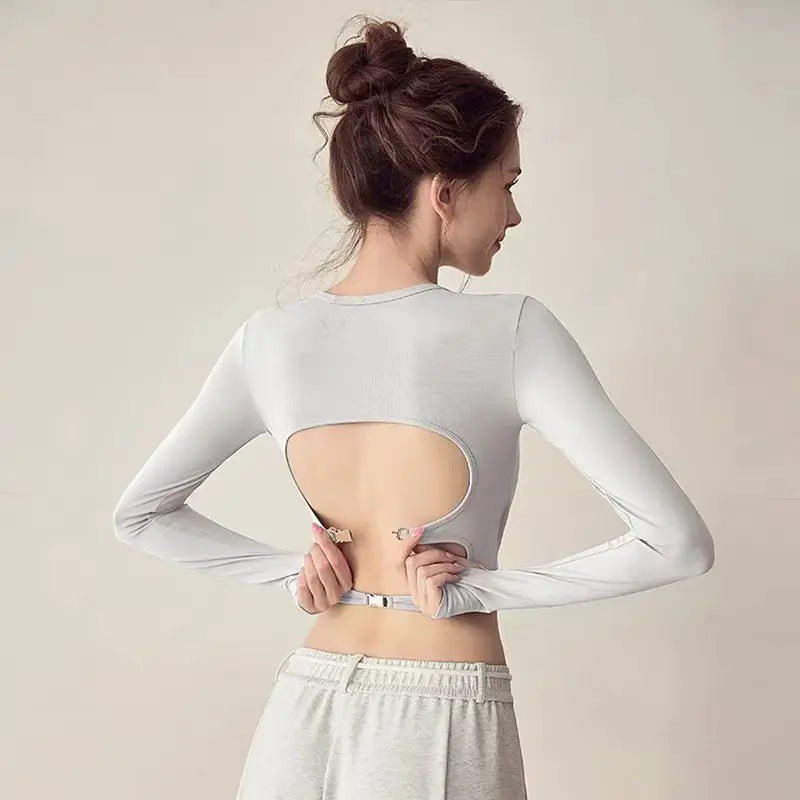 High-End Befit backless long-sleeve yoga top, quick-dry padded gym shirt for women.