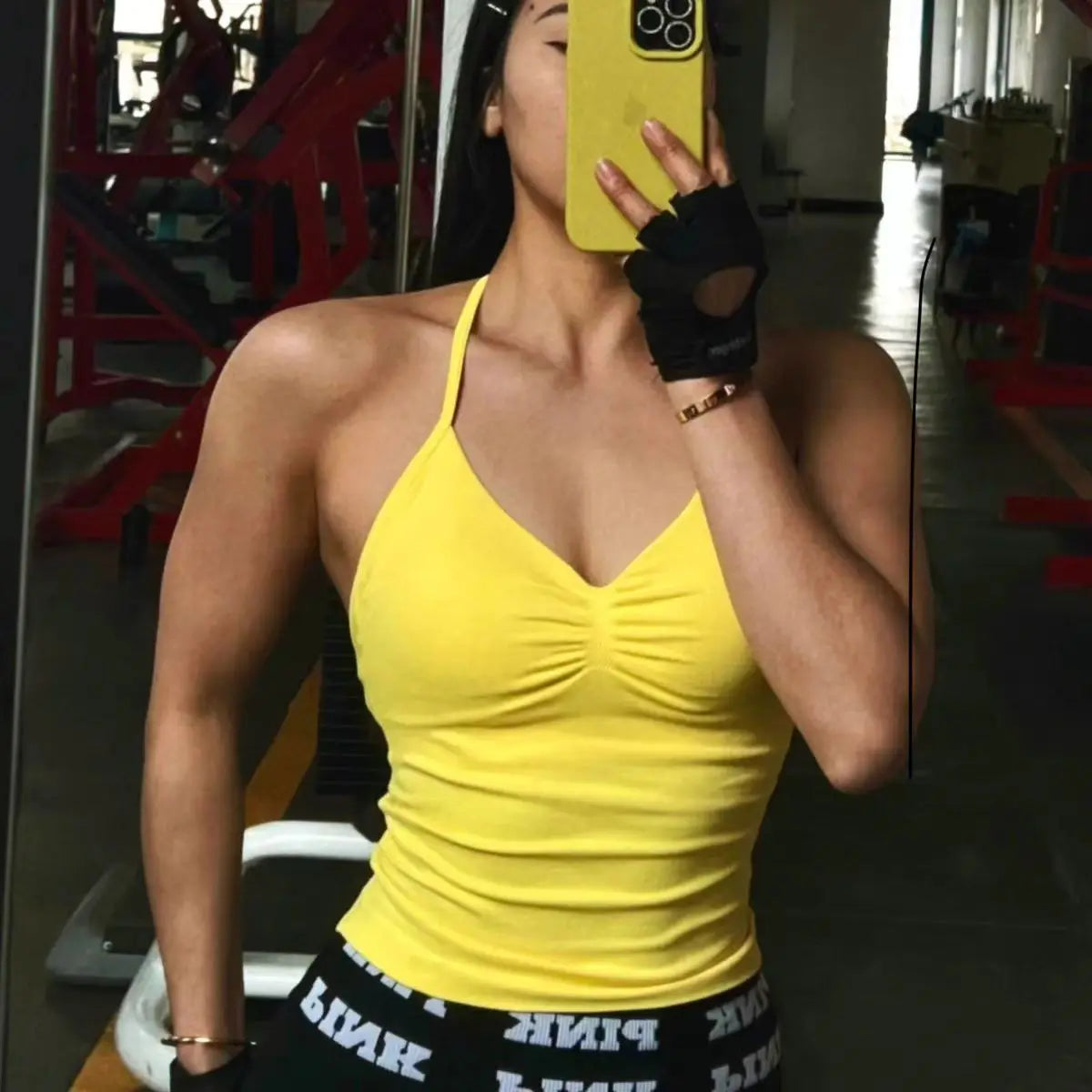 HBC women’s V-neck seamless padded gym tank top, strappy longline sports vest.