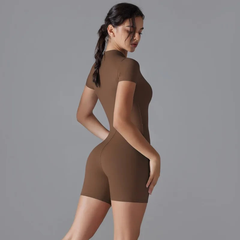 Summer Zipper Workout Jumpsuit Sports Overalls Women Gym Clothing Running Fitness Suits Gym Tracksuit Short Sportswear Yoga Set