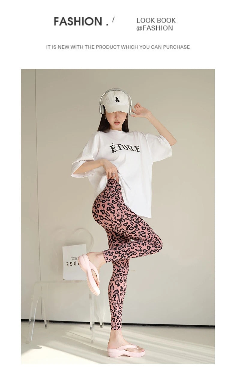BIVIGAOS 2025 Spring Summer New Pink Leopard Print Sharkskin Leggings Women High Waist Seamless Tight Sexy Sport Fitness Legging