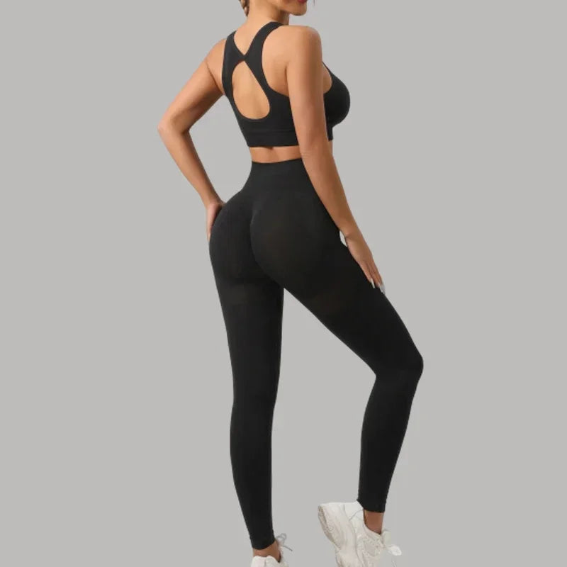 STOUREG Hollow Beauty Back  2Pcs Yoga Set Women Sports Bra+Hip Lifting Sports Pansts Workout Set Seamless Fitness Gym Set